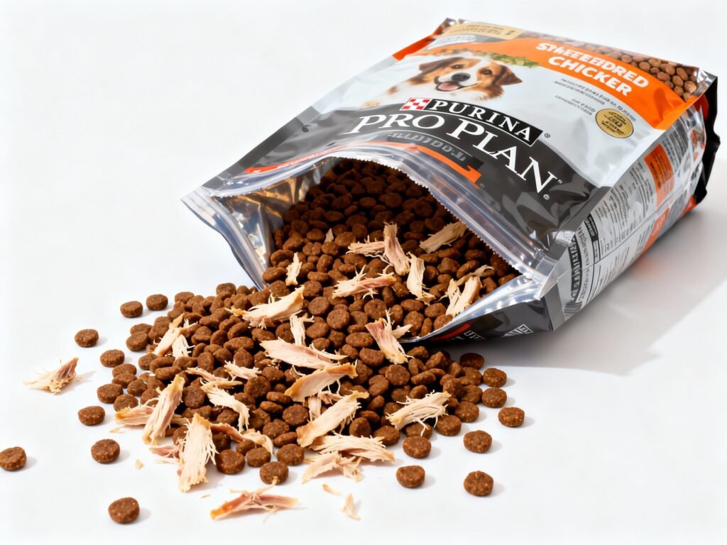 7 Best Purina Pro Plan Shredded Chicken Dog Food Features 1 Purina Pro Plan Shredded Chicken dog food bag with crunchy kibble and tender shreds for optimal pet nutrition
