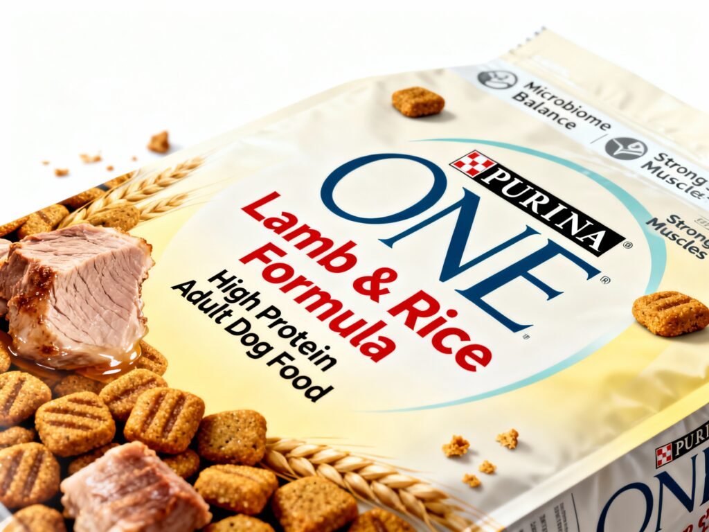 Purina ONE Lamb Rice dog food bag with real lamb chunks and crunchy kibble for adult dogs microbiome health and strong muscles
