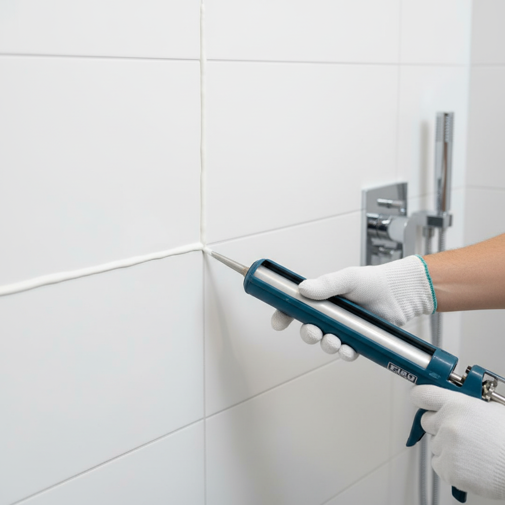 caulk for shower seams applied professionally in modern bathroom