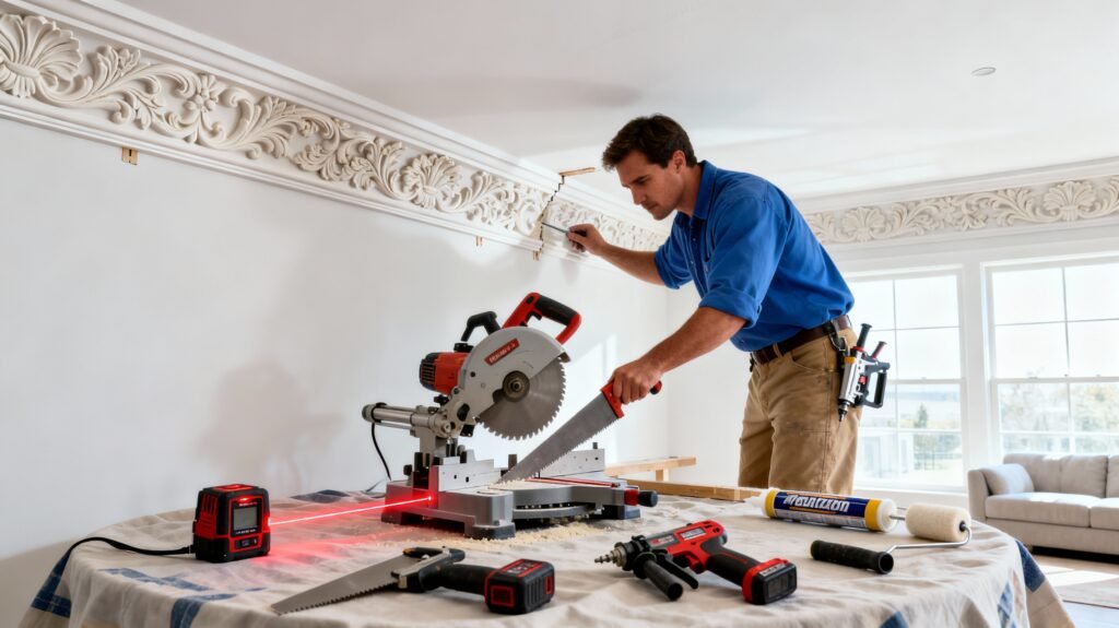 crown molding installation in modern living room
